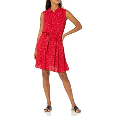 Abbildung von Amazon Essentials Damen Ärmelloses gewebtes Hemdkleid mit lockerer Passform, Rot Leafy Floral, XS
