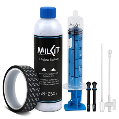 Abbildung von milKit Tubeless Conversion Kit Umrüst Set inkl. patentiertem Zubehör geeignet für MTB und Rennrad Repair zum Umrüsten oder Montieren (25 mm Felgenband)
