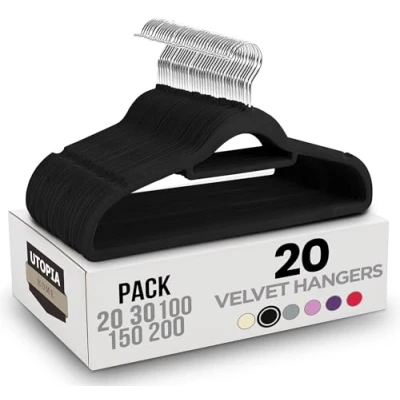 Abbildung von Utopia Home Premium rutschfeste Kleiderbügel aus Samt Strapazierfähige Jackenbügel mit Krawattenhalter Stark, Platzsparende für Hemden, Jacken, Kleider (Schwarz, 20er Pack)