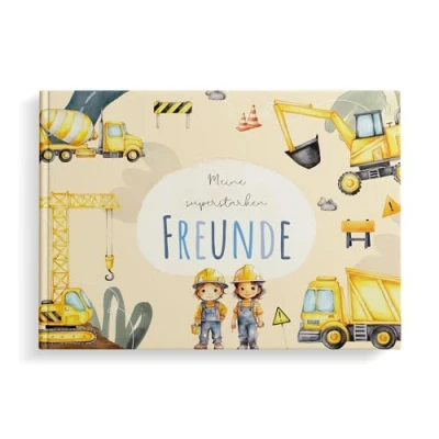 Abbildung von MeinBaby123® Freundebuch für Kinder, Freundschaftsbuch, Kindergarten, Schule, Jungs, Freundschaftsalbum, Geschenk Jungen Bagger Album (Bagger)