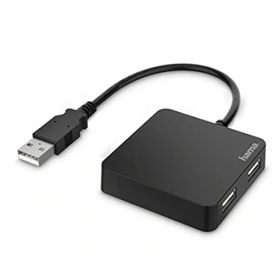 Abbildung von Hama USB Hub 2.0, 4 fach Adapter (4in1 A Hub, Splitter mit Ports, klein &amp; kompakt, großer Buchsenabstand, bus powered, externer Verteiler) schwarz