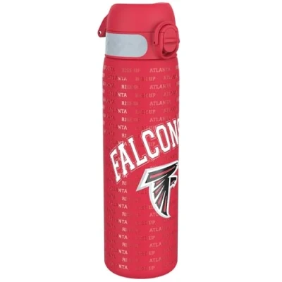 Abbildung von ion8 NFL Falcons Leichte Edelstahl Wasserflasche, 600 ml/20 oz, nicht isoliert, auslaufsicher, leicht zu öffnen, sicherer Verschluss, spülmaschinenfest, Klappdeckel, passt in Getränkehalter