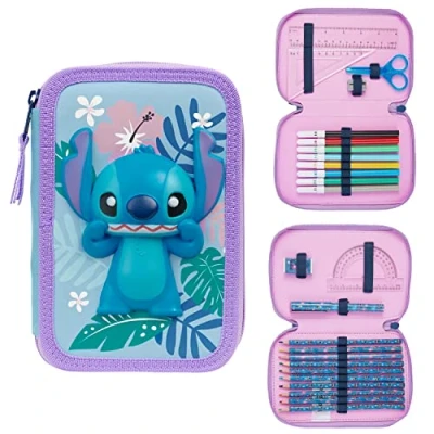 Abbildung von Disney Federmäppchen Mädchen Die Eiskönigin Stitch Federtasche Gefüllt Schulmäppchen 2 3 Fächer mit Inhalt Schule Etui Pencil Case (Blau Doppelmappe)