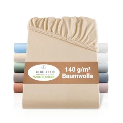 Abbildung von BaSaTex Bio Jersey Spannbettlaken 120x200 cm Spannbetttuch aus 100% Baumwolle GOTS Zertifiziert Farbe: Sand