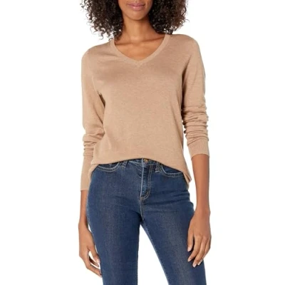 Abbildung von Amazon Essentials Damen Leichter, Langärmeliger Pullover Mit V Ausschnitt, Klassischer Schnitt (Erhältlich In Übergröße), Kamelbraun Meliert, XL