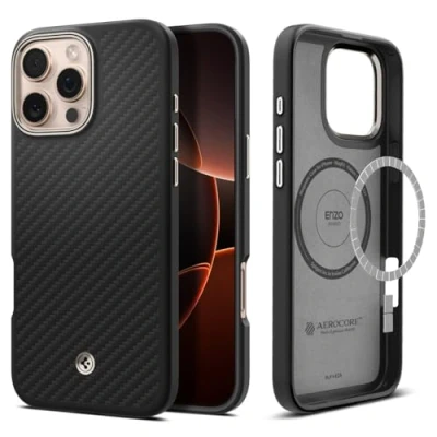 Abbildung von Spigen für iPhone 16 Pro Max Hülle [Kevlar 1500D Schutz] Enzo Aramid MagFit Aramidfaser Dünn Slim Stoßfest Schutzhülle Case Handyhülle Kompatibel mit MagSafe Black Natural