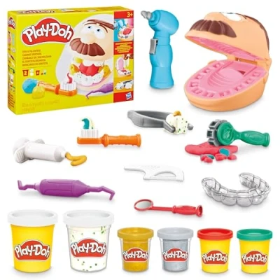 Abbildung von Play Doh F1259 Zahnarzt Dr. Wackelzahn, Spielzeug für Kinder ab 3 Jahren mit Kariesknete und metallfarbener Knete, 10 Knetwerkzeugen, 8 Dosen à 56 g