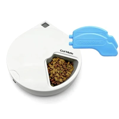 Abbildung von Cat Mate C500 Automatischer Futterautomat mit 5 Schüsseln und digitalem Timer für Nass Trockenfutter Katzen kleine Hunde, Mahlzeiten bis zu 330 g, zwei Kühlakkus, Weiß