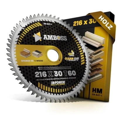 Abbildung von HM Kreissägeblatt 216x30 Z60 Wechselzahn neg. für Holz Kappsäge Feinschnitt. AMBOSS WERKZEUGE® Sägeblatt 216mm komp. zu Bosch GCM 8. 800 SJ. PCM 8.GCM 305 216 D. Festool. Makita. Hitachi uvm.