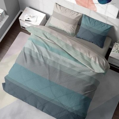 Abbildung von DILIOS Premium Bettwäsche 200x200 100% Baumwolle Atmungsaktive, Renforcé, mit Reißverschluss, Blau/Grun/Grau Streifen, 3 teilig, Set, Bettbezug + 2 Kissenbezug 80x80