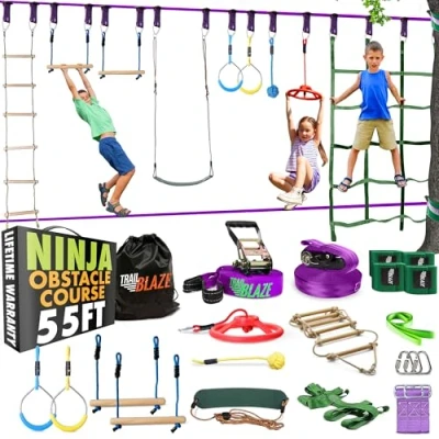 Abbildung von TRAILBLAZE Ninja Hindernisparcours für Kinder 2 x 17m Slacklines Hindernisse Set Turnringe Schaukel Kletterleiter Zubehör Erweiterbar Warrior Parcours Outdoor Garten