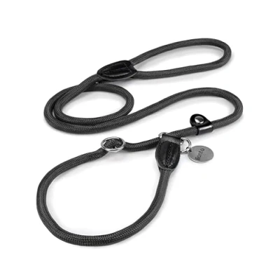 Abbildung von lionto Retrieverleine robust und wetterfest für Hunde Aller Größen, schnell anzulegende Hundeleine Halsband in Einem, 120 cm, fellschonende Führleine mit integriertem Zugstopp, vegan, schwarz