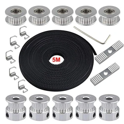 Abbildung von QitinDasen 5m GT2 Zahnriemen 2mm Pitch 6mm Breite, mit 5Pcs Zahnriemenscheibe und Idler 20 Zähne 5mm Bohrung, Spanner Torsionsfeder, 2Pcs Klemmen, Allen Wrench
