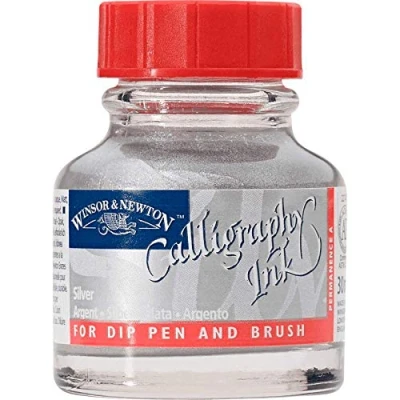 Abbildung von Winsor &amp; Newton 1110617 Kalligraphie Tuschen, opak (für Füllfederhalter oder Schreibfedern, untereinander mischbar, lichtecht) 30 ml Flasche Metallic Silber