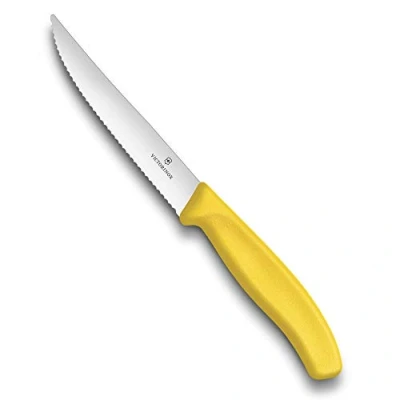 Abbildung von Victorinox Swiss Classic, Profi Steak und Pizzamesser, Extra Scharfe Klinge, Wellenschliff, 12 cm, Kunststoffgriff, Rostfreier Stahl, gelb