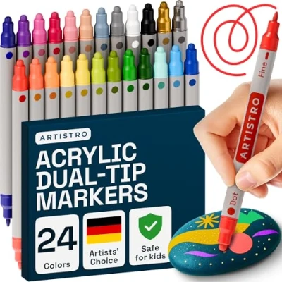 Abbildung von Artistro 24 Acrylstifte, Acrylmarker mit Doppelspitze (Pinsel + fein 1 mm), Zeichenset, für Stoff, Leinwand, Stein, Glas, Holz, Papier, Farbmarker Kinder und Erwachsene