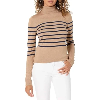 Abbildung von Amazon Essentials Damen Leichter, Langärmeliger Rollkragenpullover, Klassischer Schnitt (Erhältlich In Übergröße), Kamelbraun Marineblau Platzierter Streifen, XXL