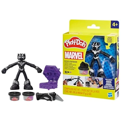 Abbildung von Play Doh Black Panther Action Set mit Klauen, 2 x 56 g Dosen Knetmassen, Knetwerkzeug und Förmchen, 10 cm Actionfigur aus Marvel, kreatives Kinder ab 4 Jahren