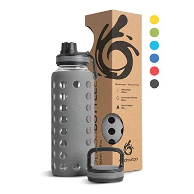 Abbildung von hydro2go® Trinkflasche aus Glas mit Silikonhülle 950 ml spülmaschinenfest 2 auswechselbare Deckel 100% Auslaufsicher BPA frei Glasflasche für Smoothies, Büro, Fitness, Yoga, Sport &amp; Outdoor