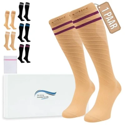 Abbildung von 360 Relief Kompressionsstrümpfe Klasse 1 für Damen und Herren 15 20 mmHg Stützstrümpfe langstreckenflug, Reise, Sports, Running, Laufen Paar Kompressionssocken L/XL Beige mit Wäschenetz