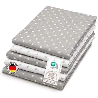 Abbildung von ZOLLNER 5er Set Musselin Spucktücher in 80x80 cm aus Baumwolle hautfreundliche Mulltücher mit süßen Sternen besonders weich und saugstark waschbar bis 60C grau weiß