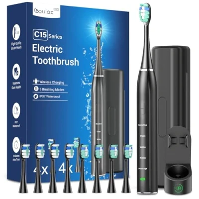 Abbildung von Elektrische Zahnbürste Schallzahnbürste für Erwachsene Whitening Ultraschall Elektrisch Mit Reiseetui und Ladestation, Electric Toothbrush 8 Bürstenköpfe, 5 Putzmodi, 40000VPM