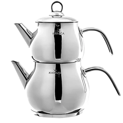 Abbildung von Karaca Layla Teekanne Set Metall, Tee, Tea, Tea Maker, Türkische Teekanne, Pot, Teekanne: 1 Lt, Unten: 1,75 Lt., Material: Edelstahl 18/10, Es kann in der Spülmaschine Gewaschen Werden