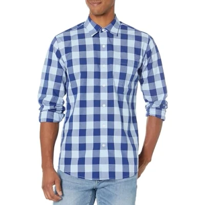 Abbildung von Amazon Essentials Herren Lässiges langärmeliges Popeline Hemd Normale Passform, Blau Buffalokaros, XL