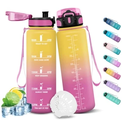 Abbildung von HoneyHolly Trinkflasche 1L, Auslaufsicher mit Zeitmarkierung, Sport, Trinkflaschen Filter, Kohlensäure Geeignet, Wasserflasche für Fahrrad, Outdoor, Yoga, Fitness