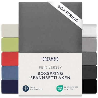 Abbildung von Dreamzie Premium Spannbettlaken 140x200 cm 160x200 37cm Seitenhöhe auch für Boxspringbett &amp; Wasserbett Bettlaken 100% Jersey Baumwolle, 150 g/m² Oeko TEX Anthrazit