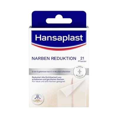 Abbildung von Hansaplast Narben Reduktion (21 Stück je 3,8 cm x 6,8 cm), Narbenpflaster zur der Sichtbarkeit von Narben, macht dauerhaft flacher, heller und weicher