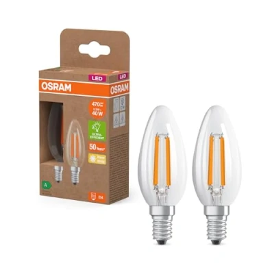 Abbildung von Osram LED Superstar Classic Lampe B 40 in klassischer Minikerzenform, klarer Glaskörper, 2.2 W, 470 lm, E14 Fassung, warmweißes Licht mit 2700 K, EEK A, 35 mm Durchmesser, 2er Pack