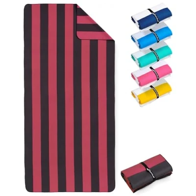 Abbildung von Fit Flip Strandtuch XXL Mikrofaser Badetuch Strandtücher leicht und schnelltrocknend 100% recyceltes Handtuch Strandhandtuch zum Baden (Weinrot Dunkelgrau gestreift 200x90cm)