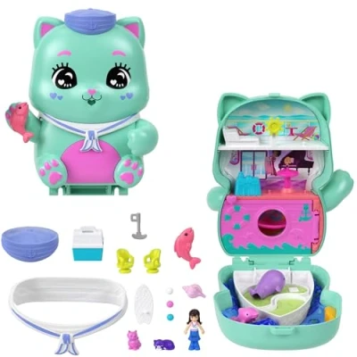 Abbildung von Polly Pocket Puppen und Spielset, Matrosenkatze Schatulle, Spielzeug für unterwegs mit 1 kleinen Puppe, Kätzchen, Zubehör Styling Essen, JCR37