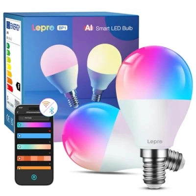 Abbildung von Lepro AI Smart Glühbirne BP1, G45 E14 LED Lampe Dimmbar 4.9W 470LM RGB+CCT, KI Lichtdesign Assistent mit Sprachsteuerung/Musik Sync, Kompatibel Alexa/Google, WiFi &amp; Bluetooth, 2 Stück