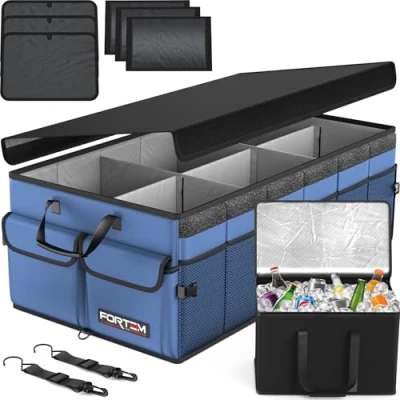Abbildung von FORTEM Kofferraum Organizer, Kofferraumtasche, Zusammenklappbarer Auto mit Fächern, Rutschfester Boden, Verstellbare Sicherungsriemen, Klappbarer Deckel (Blau, Größe XL Kühler)
