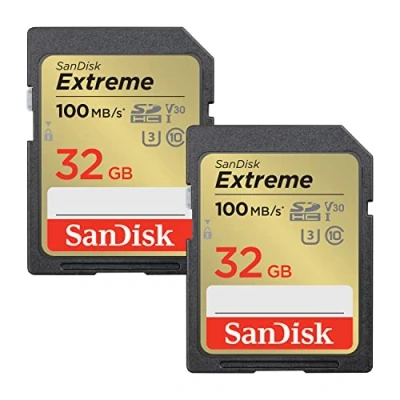 Abbildung von SanDisk Extreme SDHC UHS I Speicherkarte 2er Pack 32 GB (V30, 100 MB/s Übertragung, U3, 4K UHD Videos, wasserdicht, stoßfest, temperaturbeständig)