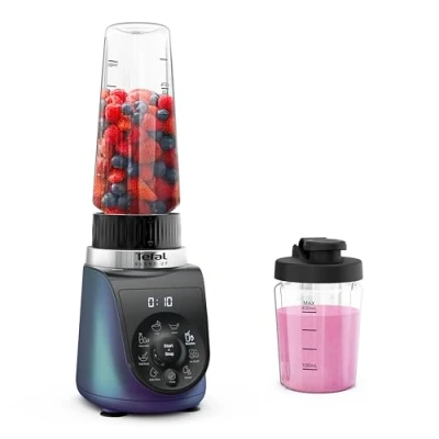 Abbildung von Tefal Blend Up Mini Mixer, 8 automatische Programme, Pulsfunktion, abnehmbare Powelix Klingen, inkl. 2 On the Go Flaschen (400 + 700 ml), Silence Modus, kompaktes Design, 1000 Watt, Blau, BL19H4F0