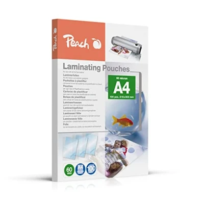 Abbildung von Peach Laminierfolien A4 60 mic 100 pouches glänzend Premiumqualität für beste Laminierergebnisse kompatibel mit Geräten aller Markenhersteller PP560 02