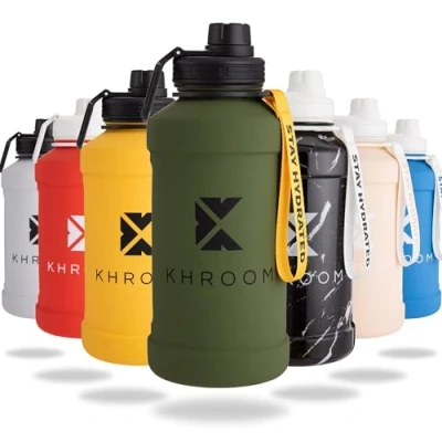 Abbildung von Khroom Edelstahl Trinkflasche 1,3L &amp; 2,2L Kohlensäure geeignet, auslaufsicher, spülmaschinenfest, einwandig, BPA frei Metall 2 Liter XXL Water Jug Outdoor Sportflasche Grün