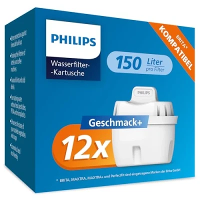 Abbildung von Philips Water Wasserfilter Kartuschen, 12er Pack, Brita kompatibel, reduziert MIKROPLASTIK, CHLOR, KALK, SCHWERMETALLE