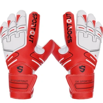 Abbildung von Sportout Torwarthandschuhe, Fußballhandschuhe mit Fingersave, Torwarthandschuhe Kinder,Herren rutschfeste 4mm Latex, Torwart Handschuhe für Kinder, Erwachsene und Jugendliche (Red, 5)