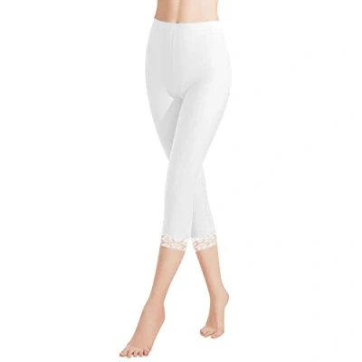 Abbildung von Libella Damen Leggings 3/4 Hose mit Spitze aus Baumwolle Capri Hohe Taille bunt Slim Fitnesshose Weiß S 4166
