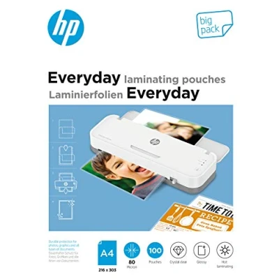 Abbildung von HP Everyday Laminierfolien, DIN A4, 80 Micron, glänzend, transparent, zum Heißlaminieren, 100 Stück, 9154