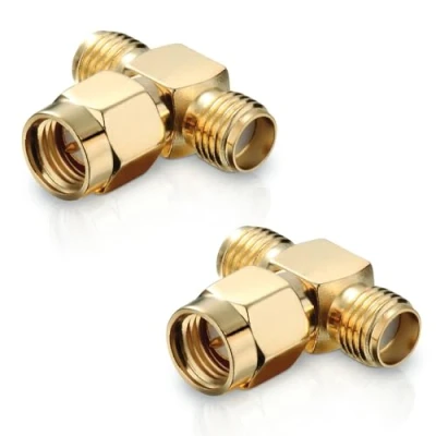 Abbildung von conecto SMA Adapter, T Stück, 1x Stecker mit Pin auf 2X Buchse ohne Pin, Adapter zur Erweiterung von Anschlüssen, vergoldet, 2er Set
