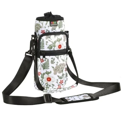 Abbildung von Nuovoware Flaschenhalter Trinkflasche Molle Beutel 750ml, Isolierte Neopren Kessel mit Schultergurt und Front Reißverschluss Tasche für Wandern Laufen Radfahren Jagd Reisen Weißer Hibiskus