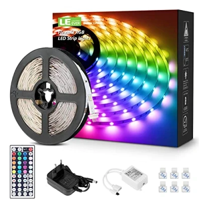 Abbildung von LE LED Strip 5M, RGB Streifen 150 5050 SMD LEDs, 12V, Selbstklebend Stripes,LED Band Flexibel, Leiste Dimmbar Lichterkette mit Fernbedienung Deko für Haus, Party, Küche