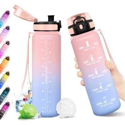 Abbildung von Sportflasche 1L, Trinkflasche mit Zeitmarkierung und Filter, Kohlensäure Geeignet, Auslaufsicher, BPA frei, Motivierende Wasserflasche für Fitness, Schule, Fahrrad, Yoga, Camping,