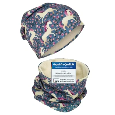 Abbildung von HECKBO Kinder Beanie Mütze &amp; Schal Schlauchschal Set Vlies innen Pferd Mädchen Jungen Junge 95% Baumwolle