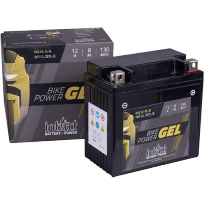 Abbildung von intAct GEL Motorradbatterie Bike Power GEL12 7L B. Ersetzt YB7L 12V 8Ah 130A. Maße: 137x76x134mm. Mit bis zu 30% mehr Startleistung.